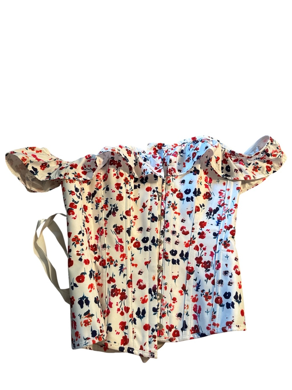 Corset story Off-Shoulder Floral Corset Top - Red & Navy on Cream size uk12